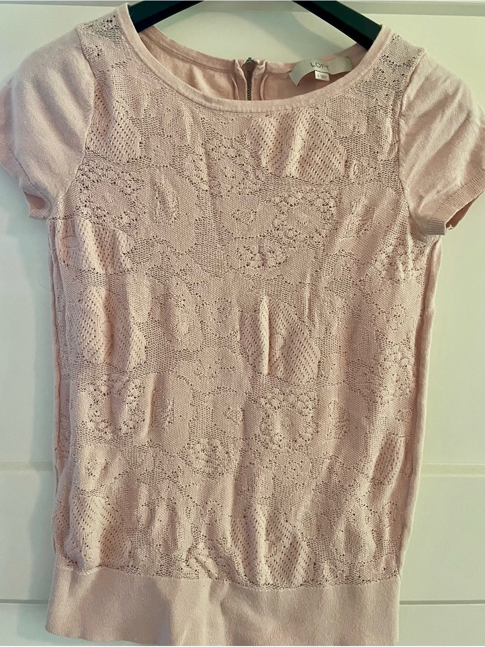 LOFT Light Pink Lace-Front Short Sleeve Knit Top